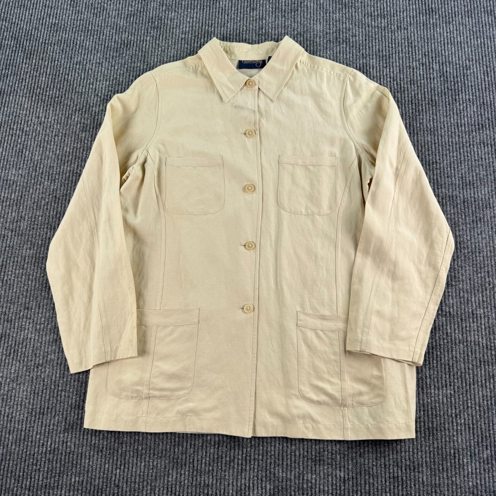 Vintage Country Shop Shirt Women's Large Beige Slik Linen Button Up Long Sleeve